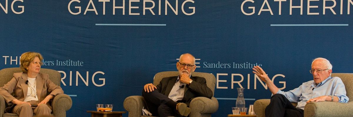 Nancy Altman of Social Security Works, Wendell Potter of the Center for Health and Democracy, and Sen. Bernie Sanders