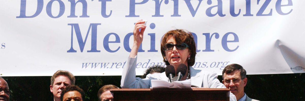 Nancy Pelosi in 2003 rallying against Medicare privatization