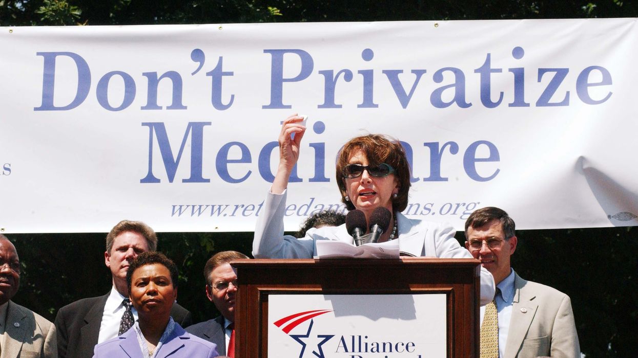 Nancy Pelosi in 2003 rallying against Medicare privatization