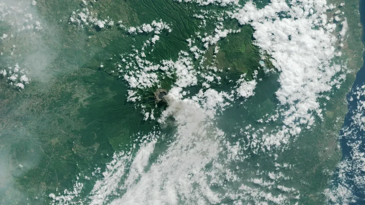 NASA satellite image of volcano and clouds