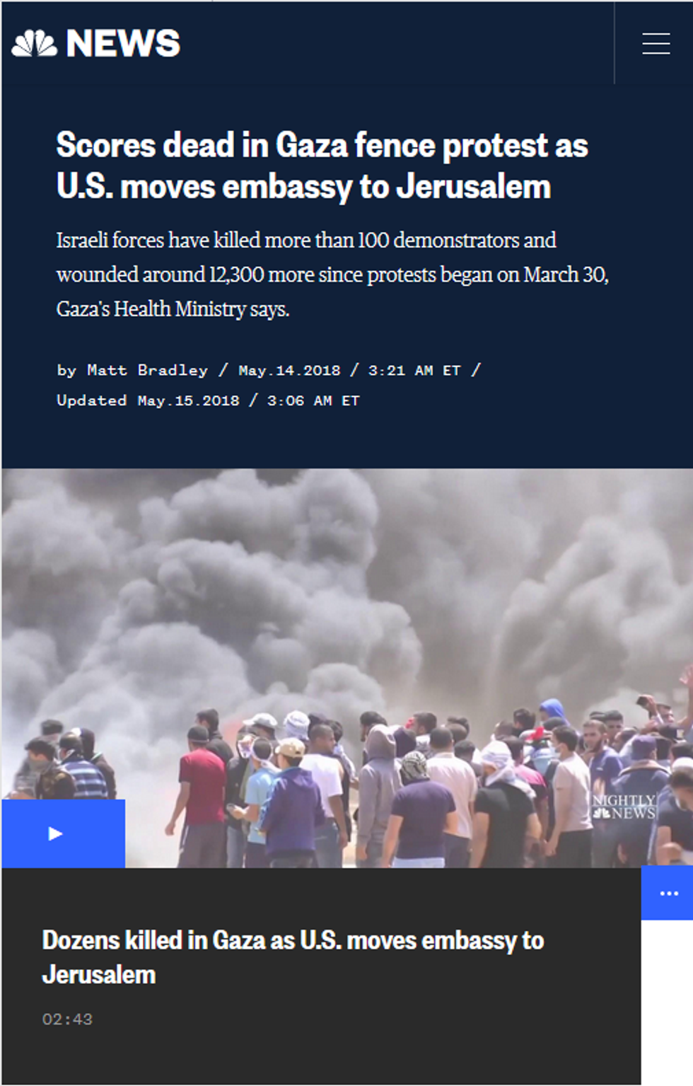 NBC: Scores Dead in Gaza Fence Protest as US Moves Embassy to Jerusalem