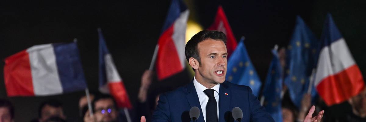 Neoliberal French President Emmanuel Macron speaks in Paris on April 24, 2022 after beating far-right candidate Marine Le Pen for a second five-year term.