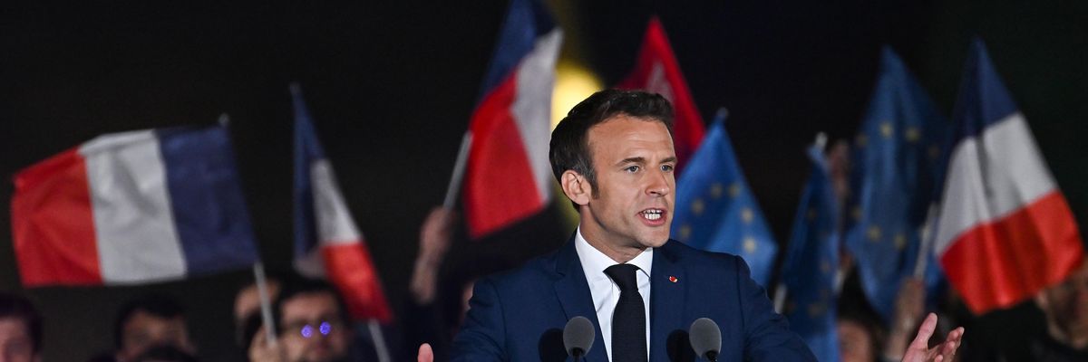 Neoliberal French President Emmanuel Macron speaks in Paris on April 24, 2022 after beating far-right candidate Marine Le Pen for a second five-year term. 