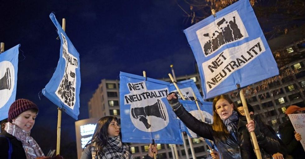 Net neutrality supporters protest in Washington on Dec. 7, 2017. (Photo: Andrew Caballero-Reynolds/AFP-Getty Images)
