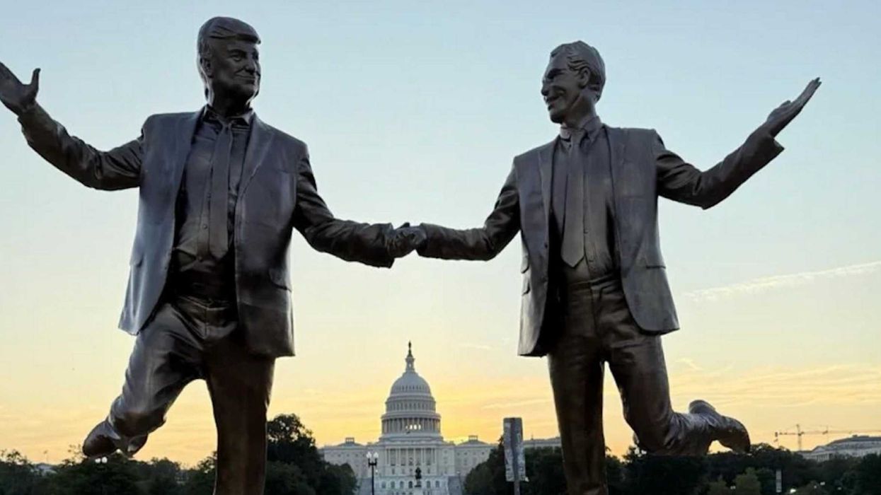 New statue of besties Trump and Epstein sharing a secret in DC.