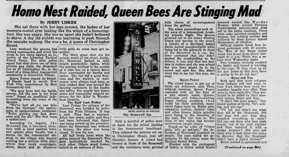 New York Daily News article on Stonewall from 1969 titled, "Homo nest raided, queen bees are stinging mad"