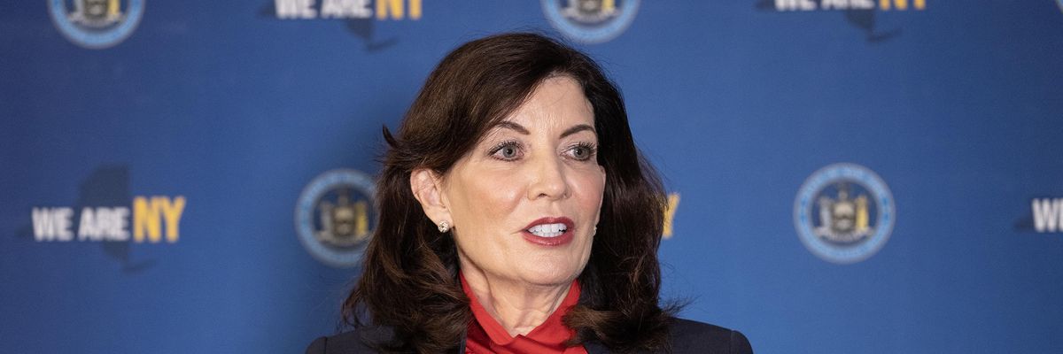 New York Gov. Kathy Hochul speaks to the media