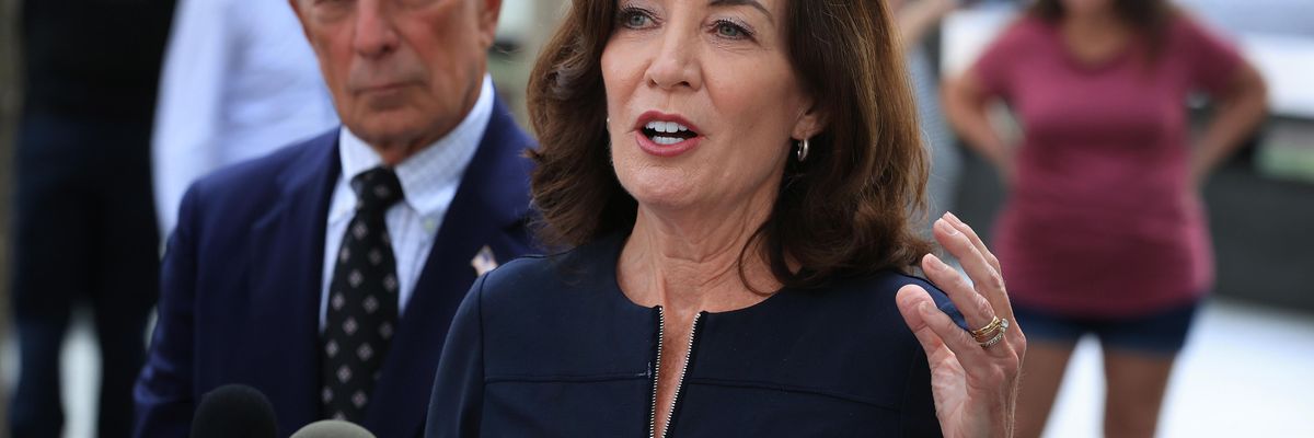 New York Gov. Kathy Hochul talks to reporters at the 9/11 Memorial and Museum.