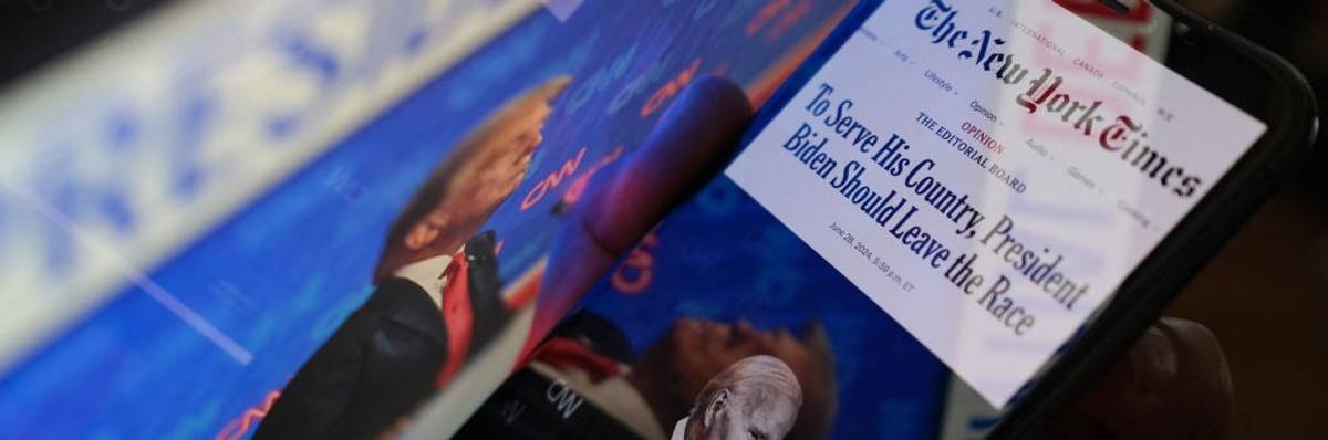 New York Times on iphone screen "To Serve His Country, President Biden Should Leave the Race'