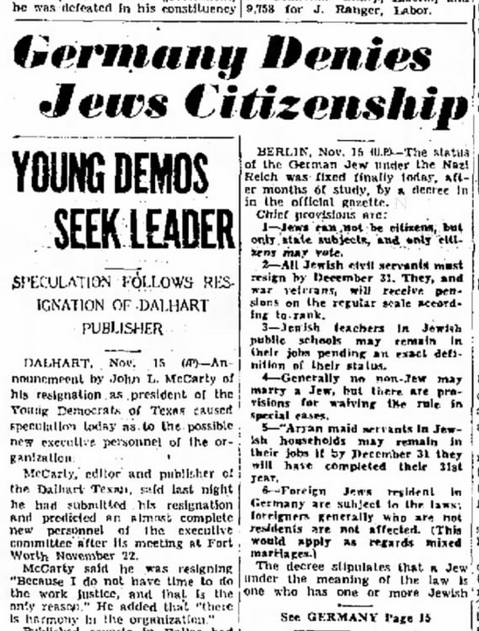 Newspaper clipping headline "Germany Denies Jews Citizenship"
