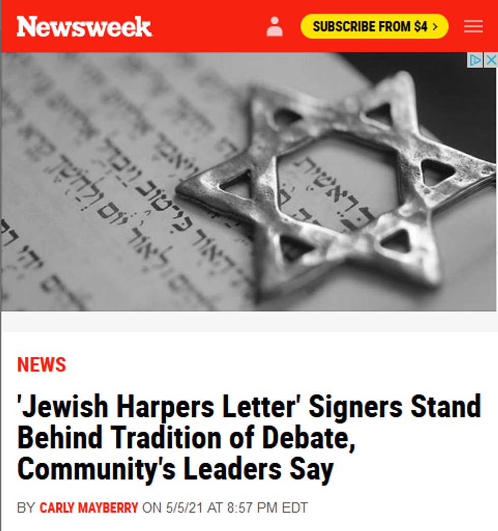 Newsweek: 'Jewish Harpers Letter' Signers Stand Behind Tradition of Debate, Community's Leaders Say