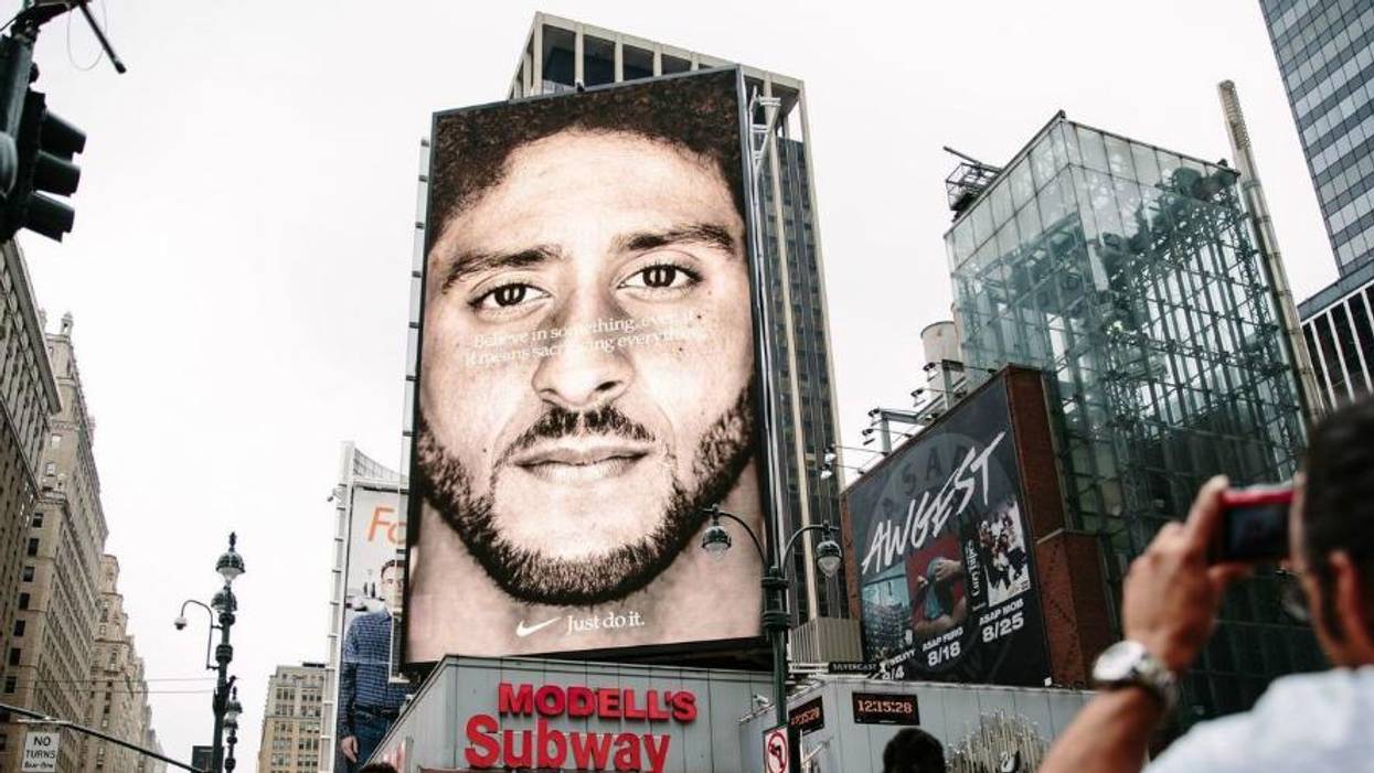 Nike ad campaign billboard featuring NFL quarterback Colin Kaepernick