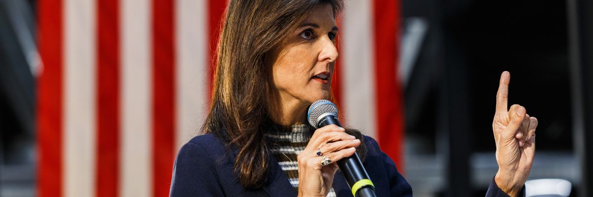 Nikki Haley speaks during a town hall in Urbandale, Iowa