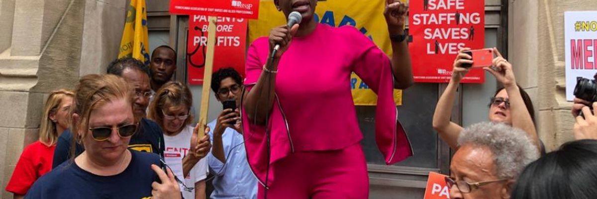 Nina Turner, Sen. Bernie Sanders's presidential campaign co-chair, spoke at a demonstration outside Philadelphia's Hahnemann University Hospital, which is slated to close, on Thursday
