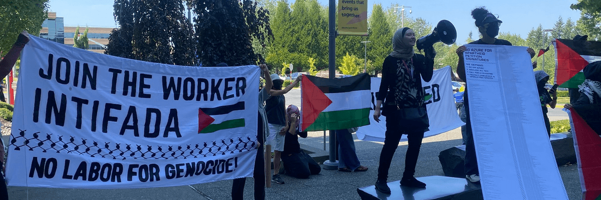 No Azure for Apartheid protesters rally outside Microsoft headquarters