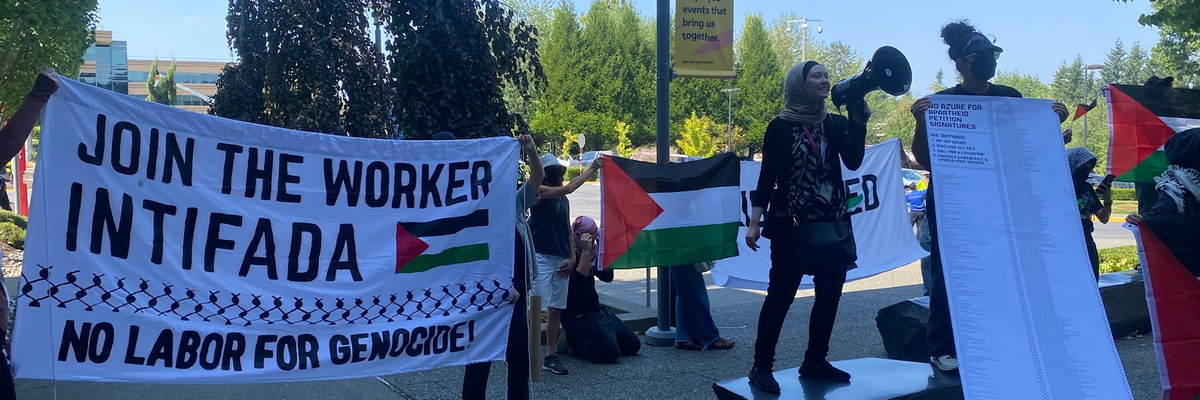 No Azure for Apartheid protesters rally outside Microsoft headquarters