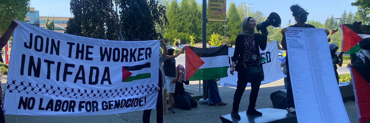 No Azure for Apartheid protesters rally outside Microsoft headquarters