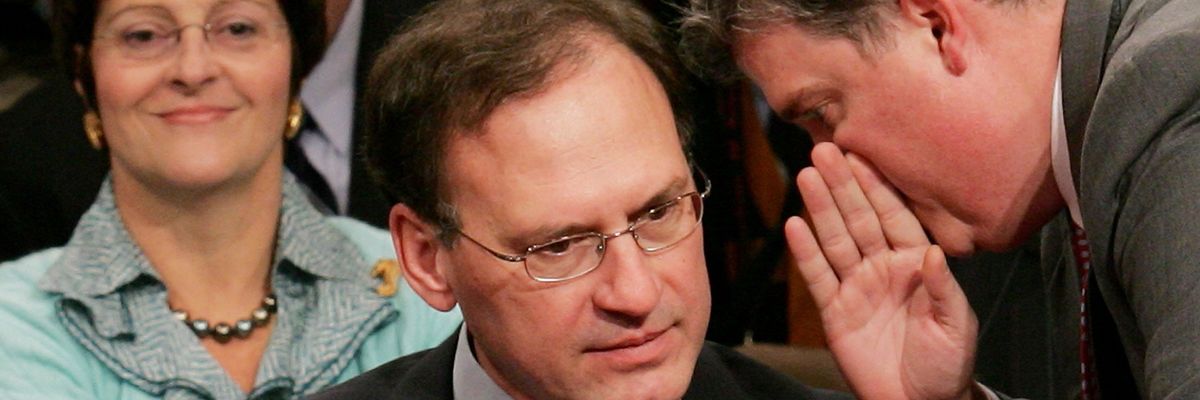 Nominee Samuel Alito and aide, with beaming Martha behind, during his 2006 Senate confirmation hearings.