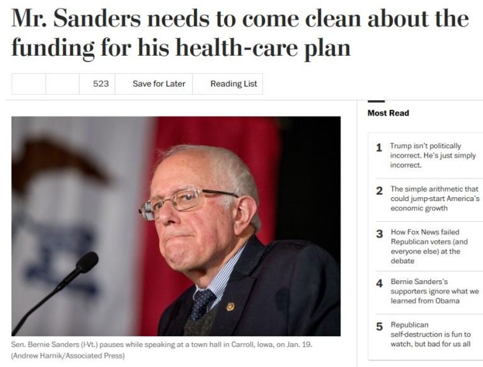Notice the Washington Post's innuendo (1/19/16) that Sanders is somehow hiding something by not
