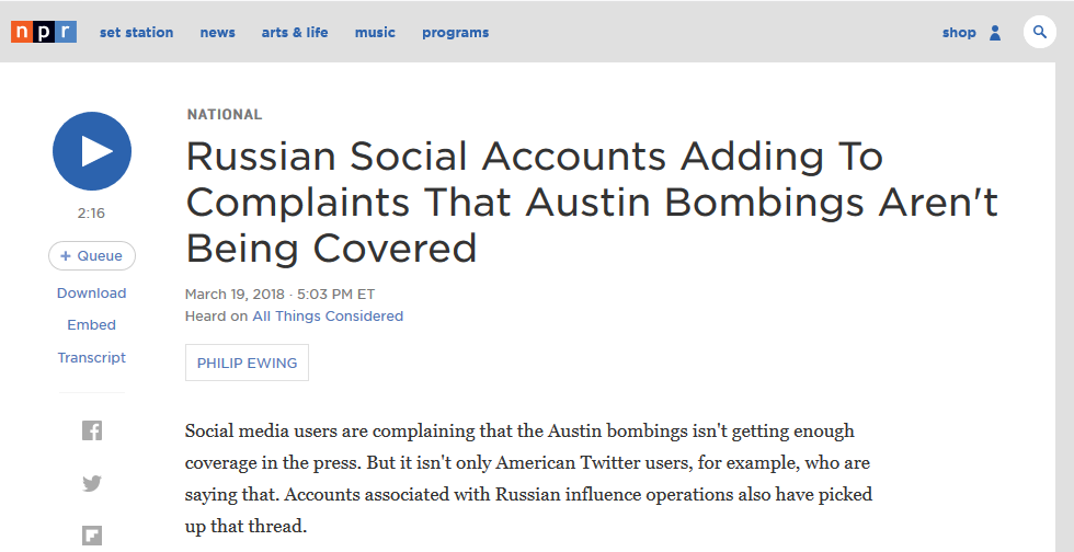 NPR: Russian Social Accounts Adding To Complaints That Austin Bombings Aren't Being Covered