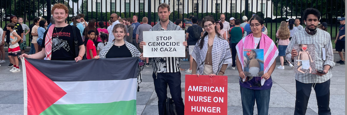 Nurse on hunger strike for Gaza outside White House with other protesters.