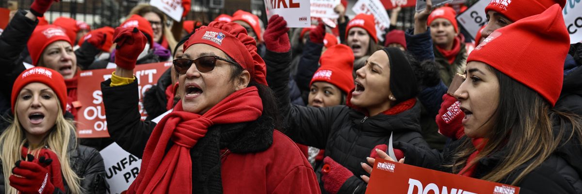 Nurses from two of New York City's biggest hospitals are seen on strike