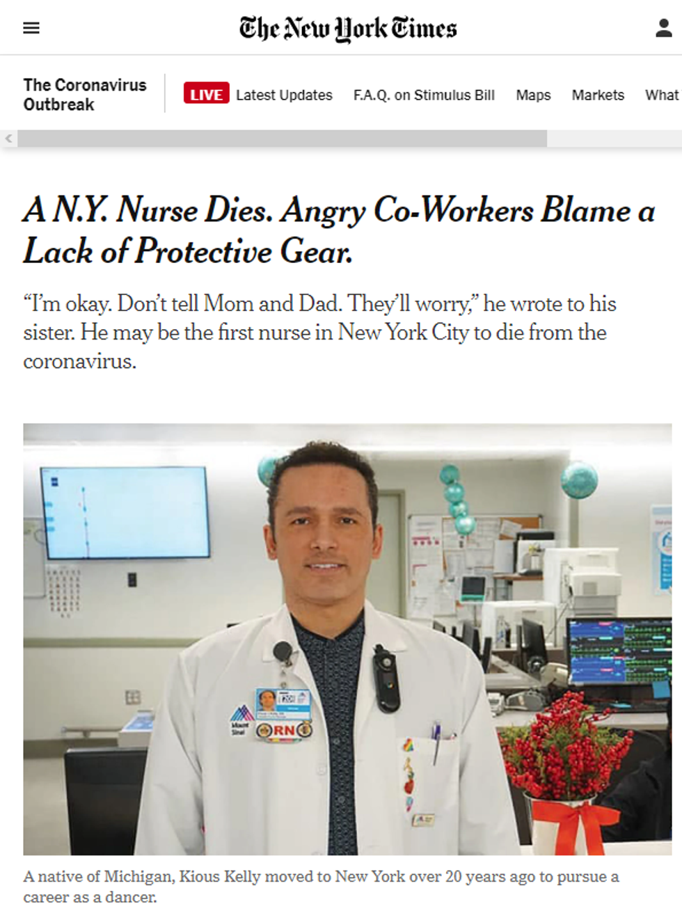 NYT: A N.Y. Nurse Dies. Angry Co-Workers Blame a Lack of Protective Gear.