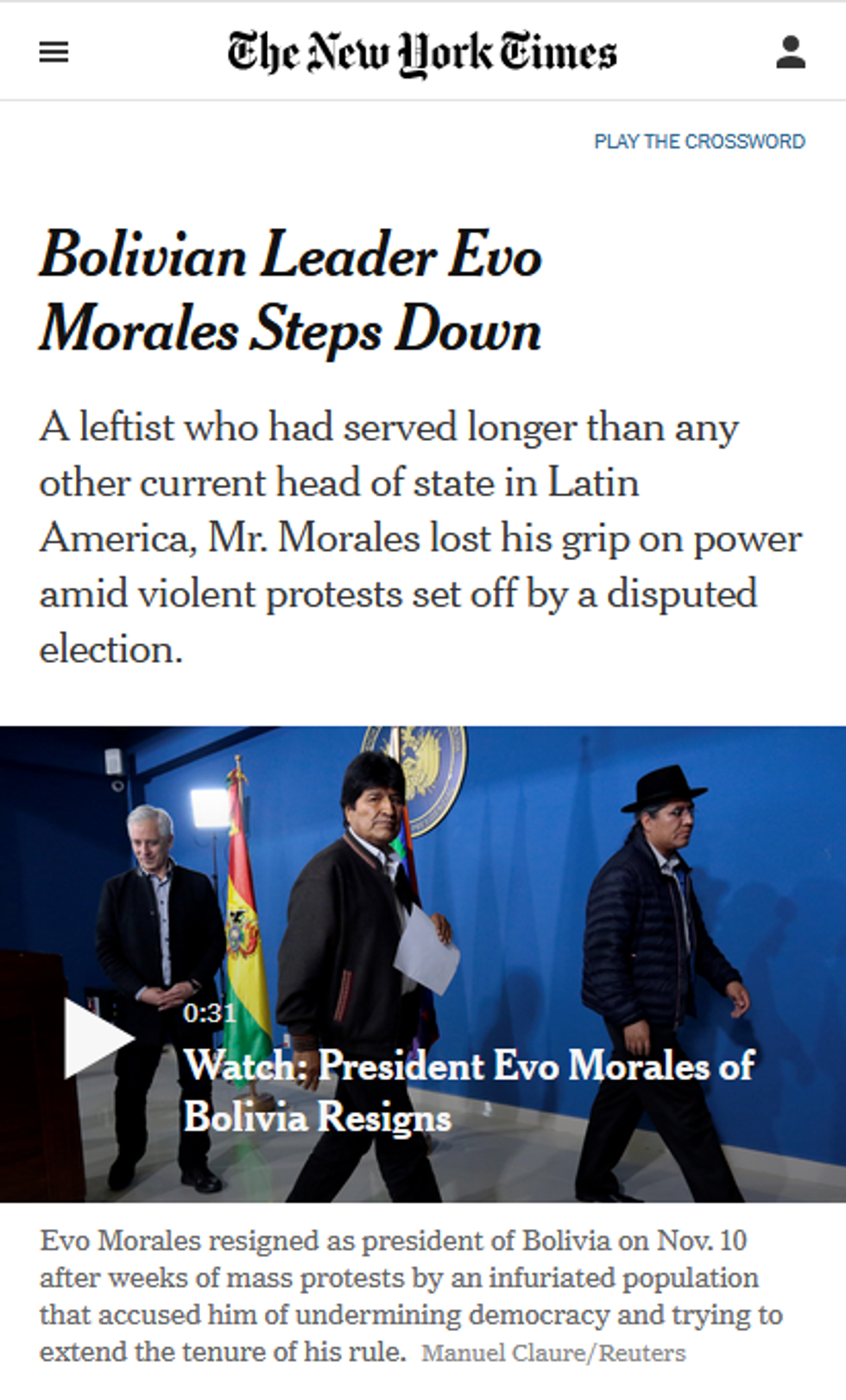 NYT: Bolivian Leader Evo Morales Steps Down
