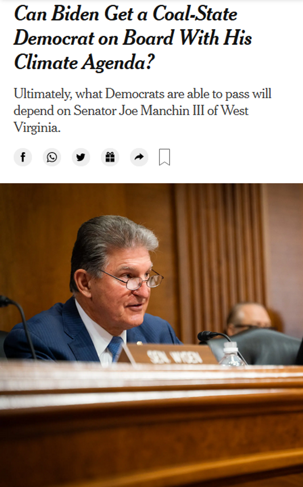 NYT: Can Biden Get a Coal-State Democrat on Board With His Climate Agenda?