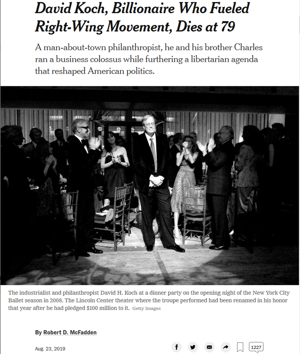 NYT: David Koch, Billionaire Who Fueled Right-Wing Movement, Dies at 79