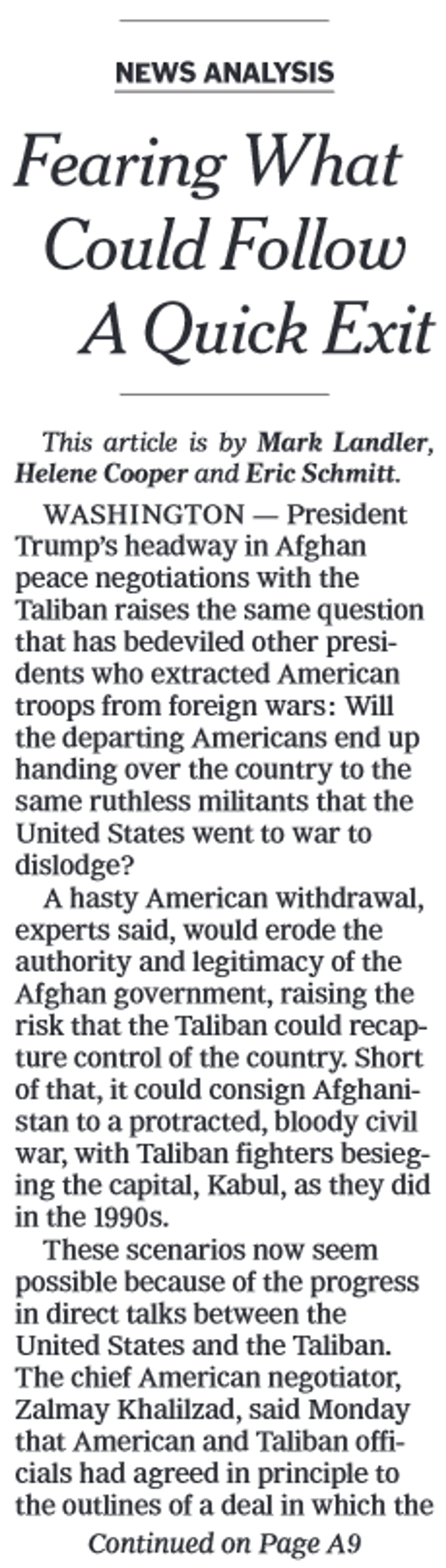 NYT: Fearing What Could Follow a Quick Exit