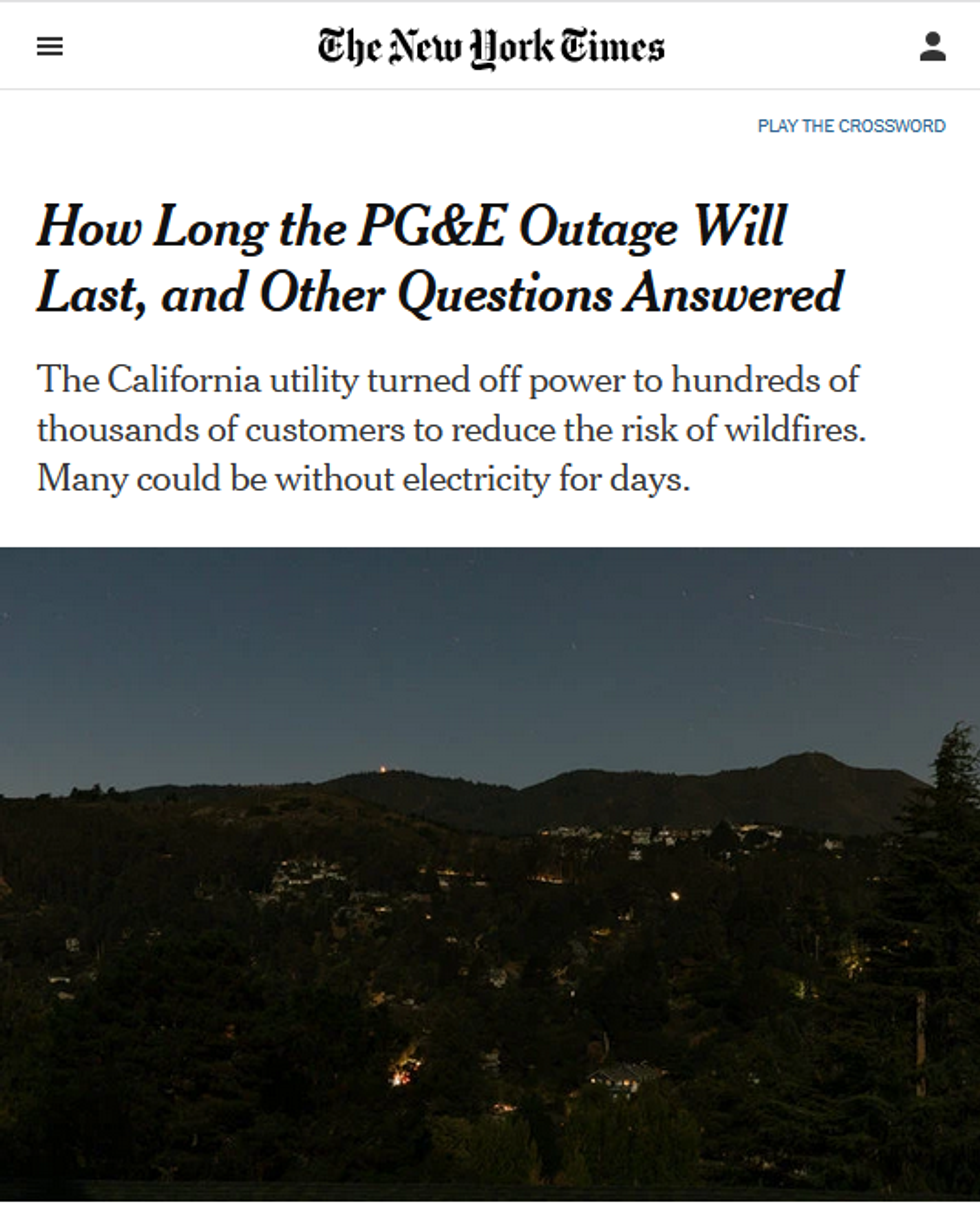 NYT: How Long the PG&E Outage Will Last, and Other Questions Answered