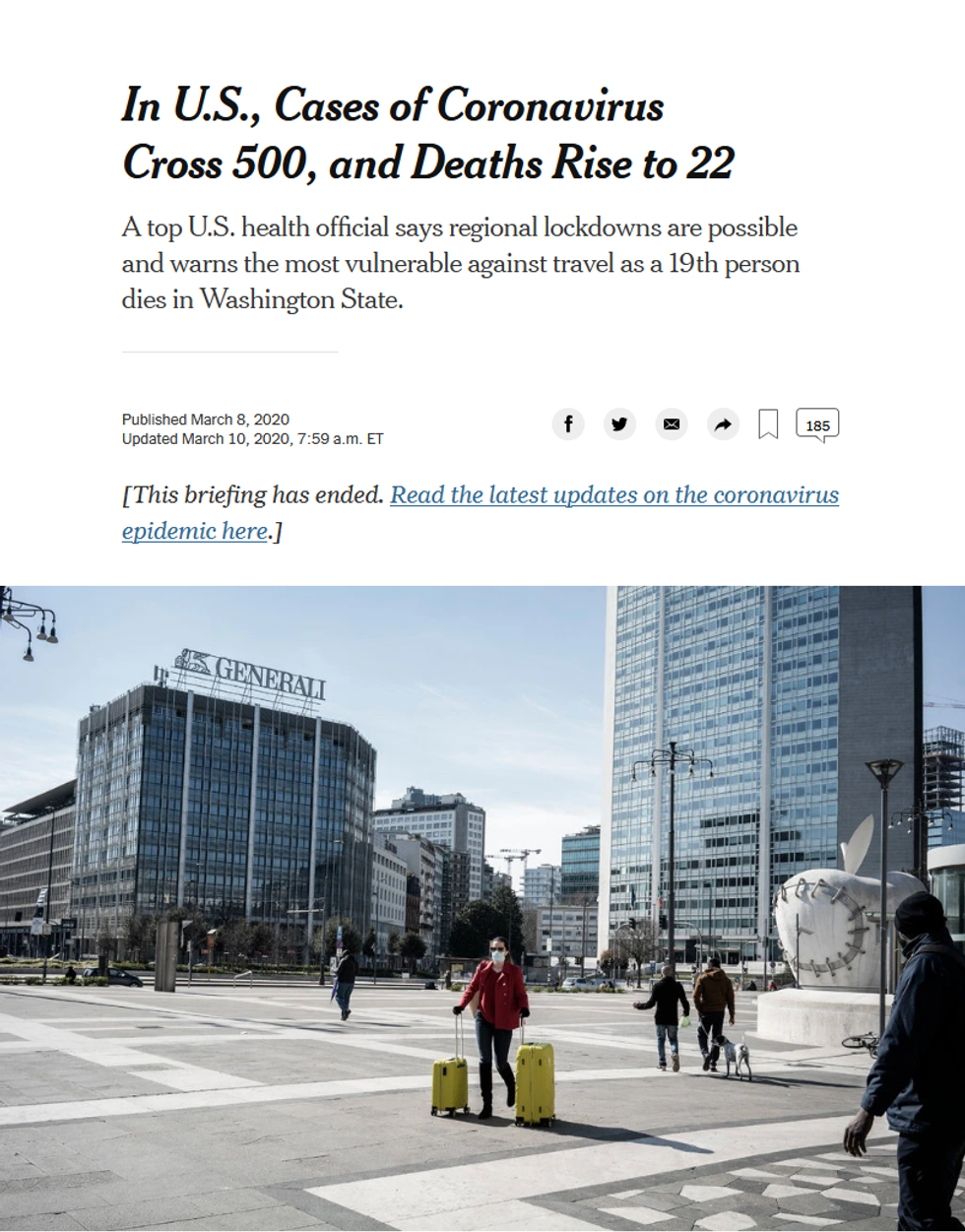 NYT: In U.S., Cases of Coronavirus Cross 500, and Deaths Rise to 22