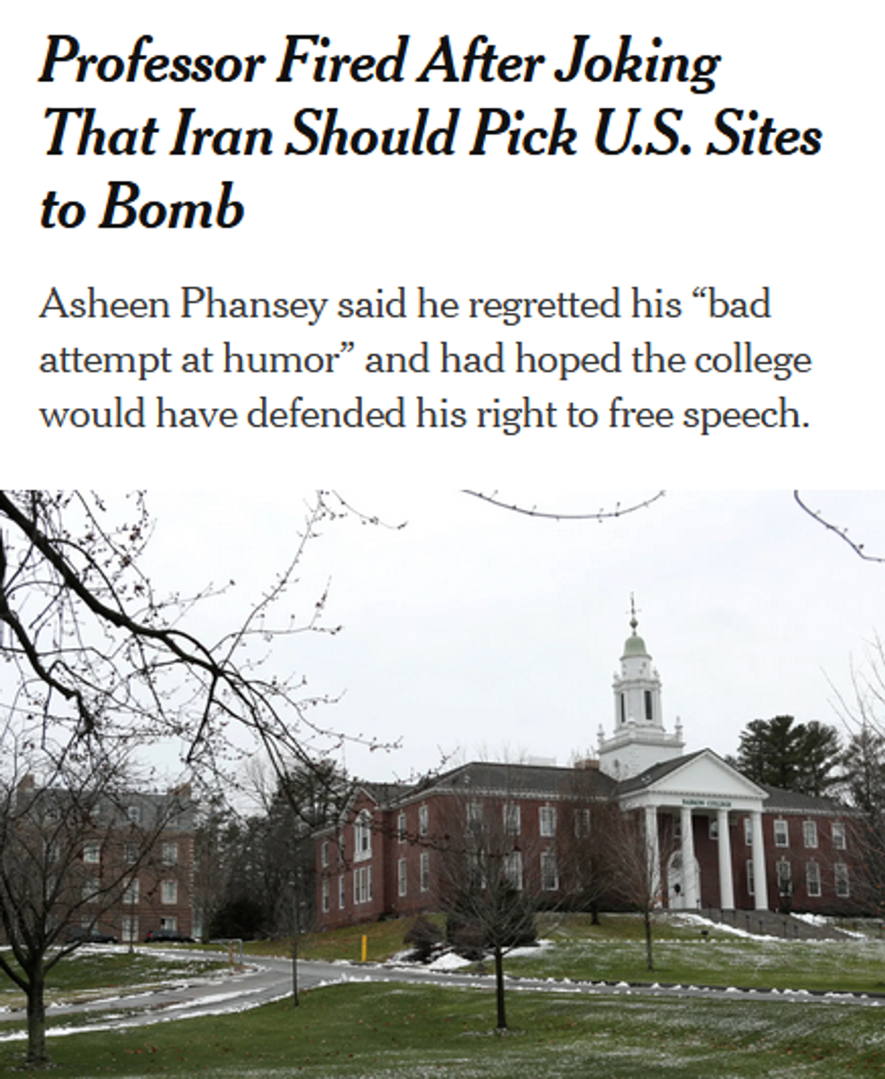 NYT: Professor Fired After Joking That Iran Should Pick U.S. Sites to Bomb
