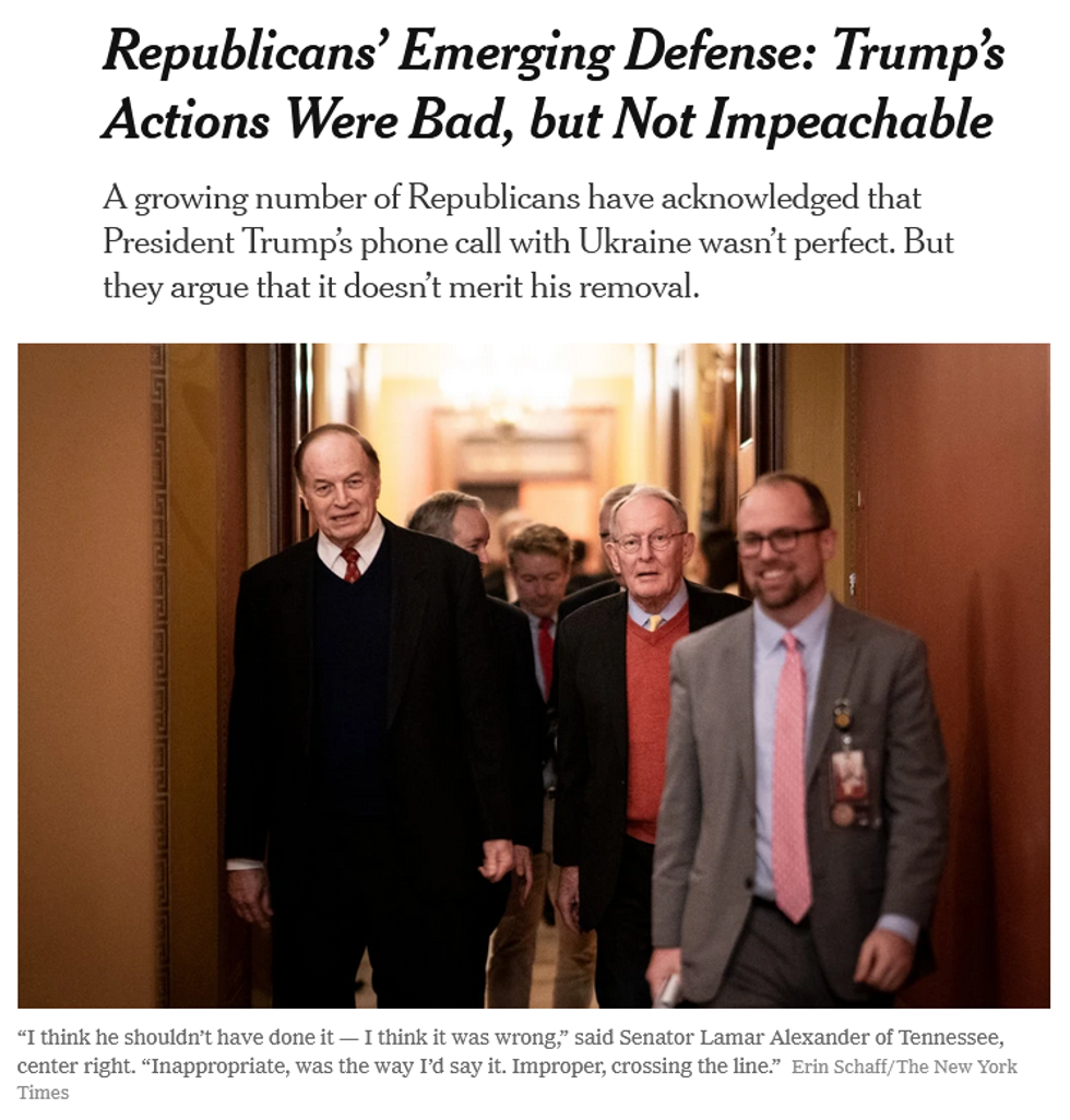 NYT: Republicans' Emerging Defense: Trump's Actions Were Bad, but Not Impeachable