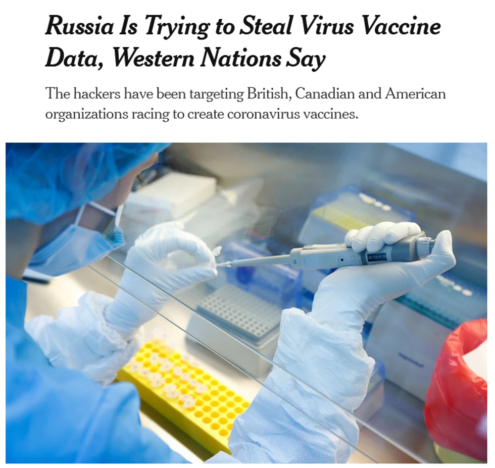 NYT: Russia Is Trying to Steal Virus Vaccine Data, Western Nations Say
