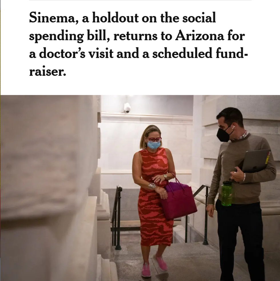 NYT: Sinema, a holdout on the social spending bill, returns to Arizona for a doctor's visit and a scheduled fund-raiser.