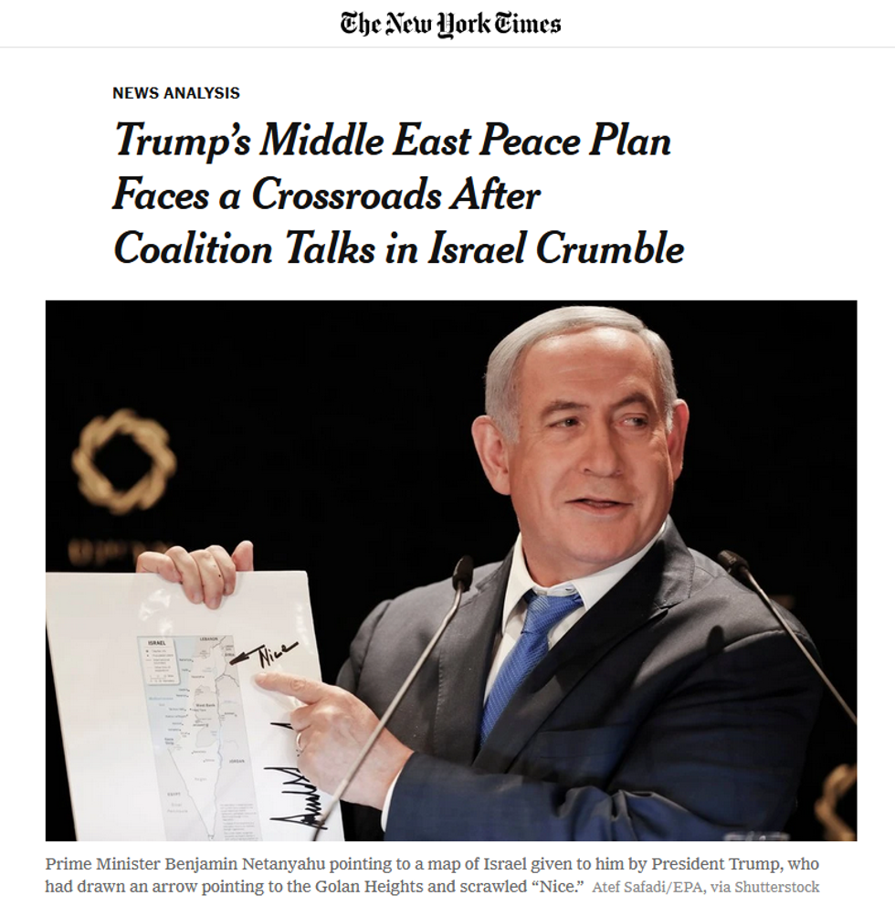 NYT: Trump's Middle East Peace Plan Faces a Crossroads After Coalition Talks in Israel Crumble