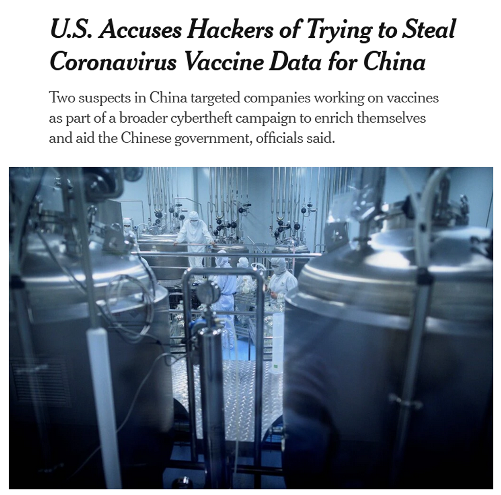 NYT: U.S. Accuses Hackers of Trying to Steal Coronavirus Vaccine Data for China