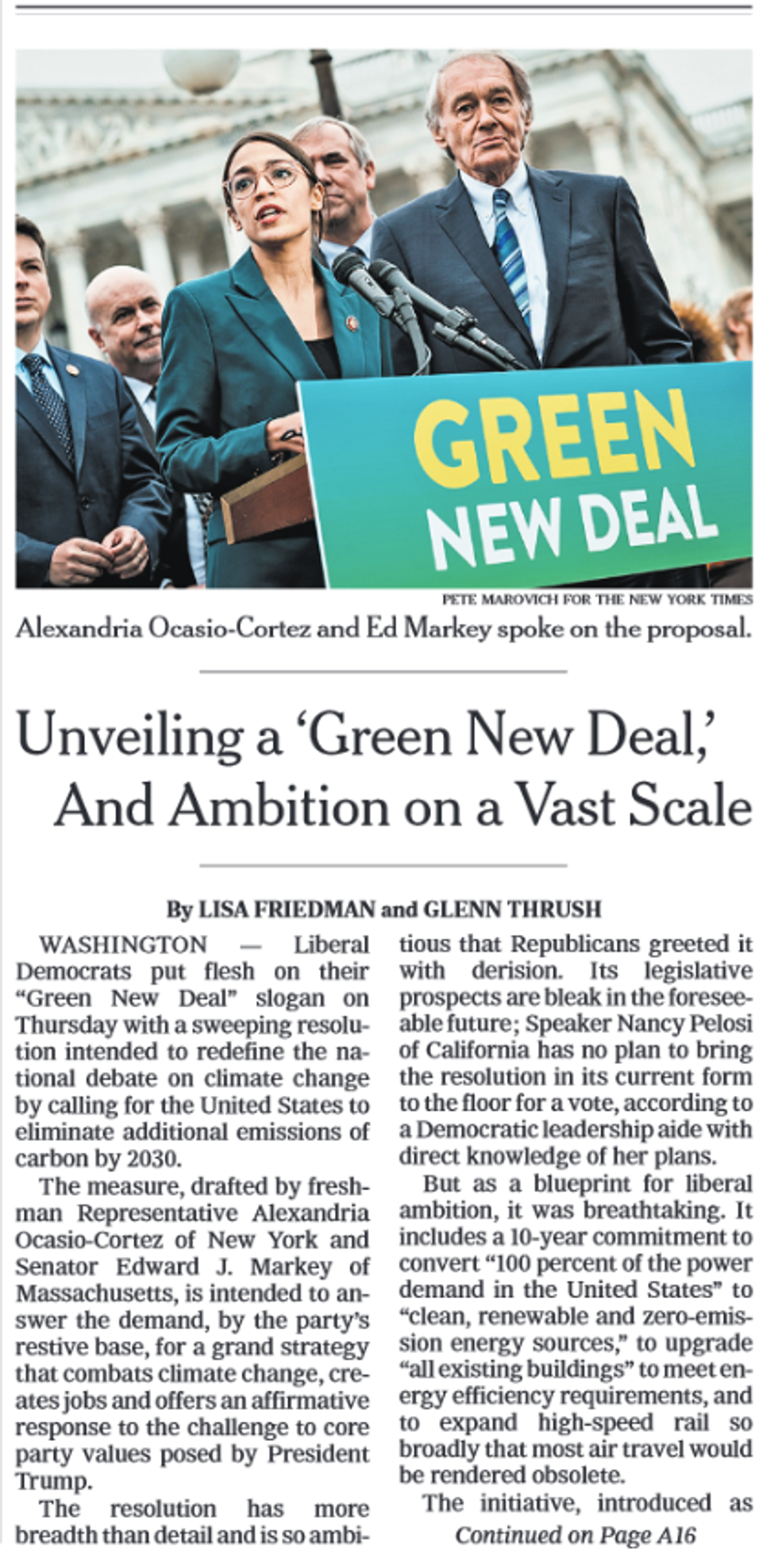 NYT: Unveiling a 'Green New Deal,' and Ambition on a Vast Scale