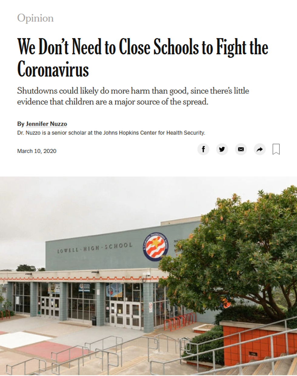 NYT: We Don't Need to Close Schools to Fight the Coronavirus