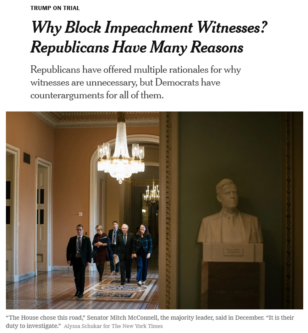 NYT: Why Block Impeachment Witnesses? Republicans Have Many Reasons