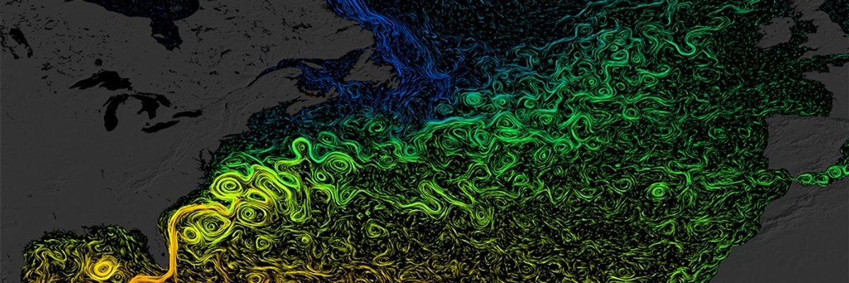 Ocean currents in the North Atlantic, with temperature represented by color.