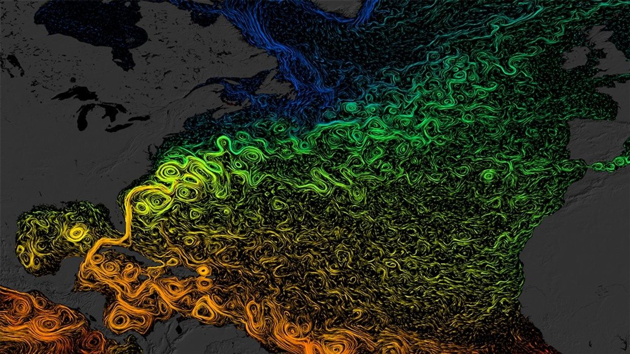 Ocean currents in the North Atlantic, with temperature represented by color.