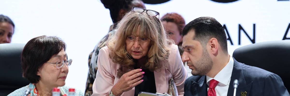 Officials are seen at negotiations at the United Nations biodiversity meeting in Yerevan, Armenia