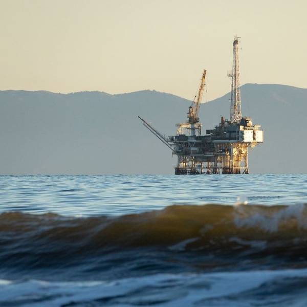 Offshore oil platform with Santa Cruz Island in the background, Santa Barbara Channel, California