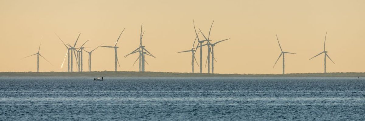 Offshore wind turbines.