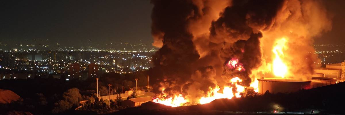 Oil field on fire in Iran after Israeli bombing.