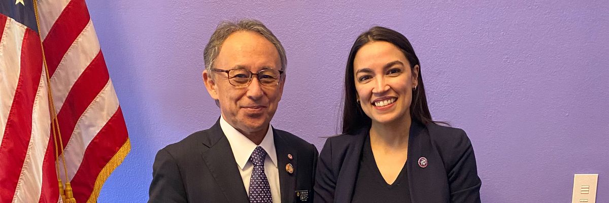 Okinawa Gov. Denny Tamaki pictured with Congresswoman Alexandria Ocasio-Cortez