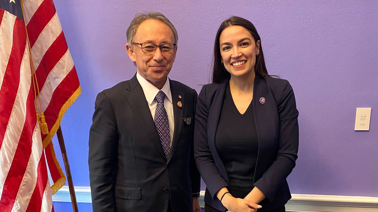 Okinawa Gov. Denny Tamaki pictured with Congresswoman Alexandria Ocasio-Cortez